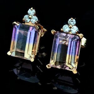 Vintage Ametrine Diamonds 14k Yellow Gold Earrings Estate Jewelry Purple Gift